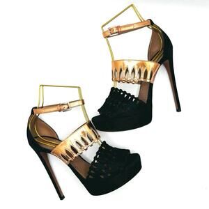 Alaïa Black Suede Rose Gold Colorblock Platform Sandals Heels Size EU 38.5
